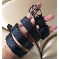 Gucci Crystal GG Buckle Leather Belts Black 2018