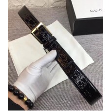 Gucci Width 3.5cm Crocodile Textured Square Buckle Belt Black/Gold 2018