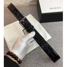 Gucci Width 3.5cm Crocodile Textured Square Buckle Black/Silver 2018