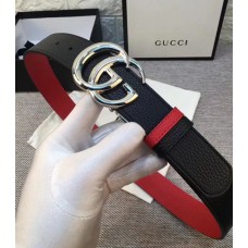 Gucci Width 3.7cm Grained Calfkin Round Buckle Double Belt  Black/Red/Silver 2018