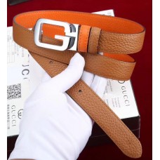 Gucci Grained Calfkin Square Buckle Double Belt Brow/Orange 2018