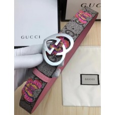 Gucci GG Print Belt with Silver Heart Buckle 35mm Width Grey/Pink 2017