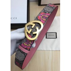 Gucci GG Print Belt with Gold Heart Buckle 35mm Width Grey/Pink 2017