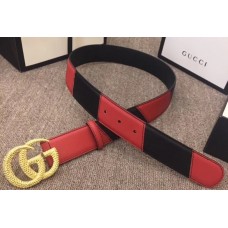 Gucci Width 4cm Diagonal Leather Belt Black/Red with Textured Double G Buckle