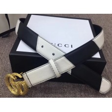 Gucci Width 3cm Diagonal Leather Belt Black/White with Textured Double G Buckle