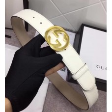 Gucci White Leather Belt with Interlocking G Buckle 370543 37MM Width Gold Hardware 2018