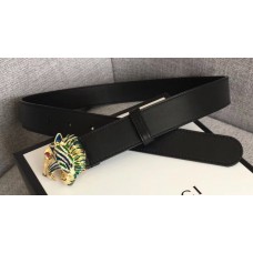 Gucci Width 3cm Leather Belt Black with Tiger Head 2018