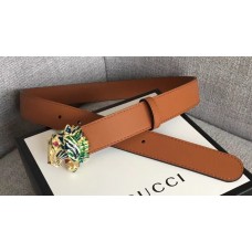 Gucci Width 3cm Leather Belt Brown with Tiger Head 2018