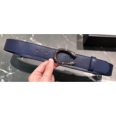 Gucci Width 3.5cm Leather Belt Navy Blue with Dionysus Stud Buckle