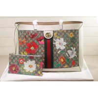 Gucci 547947 Ophidia GG Flora medium tote bag in Beige/ebony GG Supreme canvas