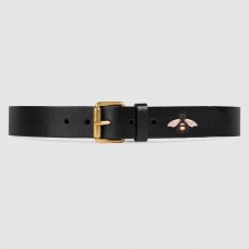 Gucci Black Bee Print Leather Belt With Square Buckle