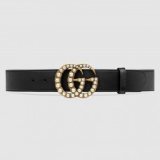 Gucci Black Leather Belt With Pearl Double G Buckle