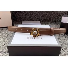 Women&#8217;s Gucci 370717 GG Marmont 25mm Leather belt with Flower Buckle in Caramel Leather