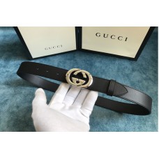 Gucci 574807 30mm Belt with Silver Interlocking G buckle in Black Leather