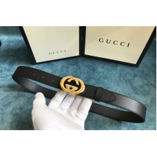 Gucci 574807 30mm Belt with Shiny Gold Interlocking G buckle in Black Leather