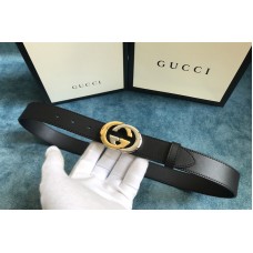 Gucci 574807 30mm Belt with Shiny Gold/Silver Interlocking G buckle in Black Leather