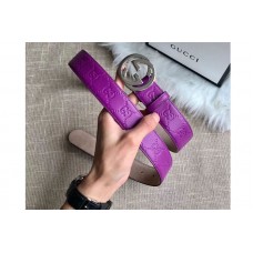 Gucci 409417 35mm Signature leather belt Purple Leather Silver G buckle