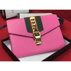 Gucci Sylvie Web Leather Small Wristlet Clutch Bag 477627 Pink 2018