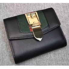Gucci Sylvie Leather Wallet With Metal Chain Buckle 476081 Black 2017