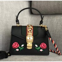 Gucci Sylvie Embroidered Mini Bag ‎470270 Black Leather 2017