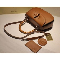 Gucci Vintage Leather Bamboo Top Handle Bag In Brown With A Mini Mirror