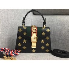 Gucci Sylvie Web Bee Star Mini Leather Bag 470270 Black 2018