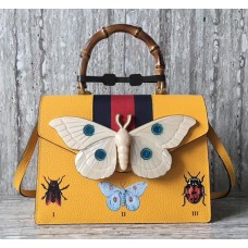 Gucci Calfskin  Moth Medium Top Handle Bag 488691 Yellow 2017