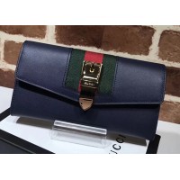 Gucci Web Sylvie Leather Continental Wallet 476084 Navy Blue 2017