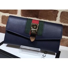 Gucci Web Sylvie Leather Continental Wallet 476084 Navy Blue 2017