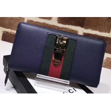 Gucci Web Sylvie Leather Zip Around Wallet 476083 Navy Blue 2017