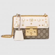 Gucci White Padlock Studded GG Supreme Shoulder Bag