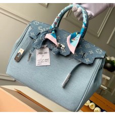 Louis Vuitton x Supreme Humble Travel Bag Birkin 30cm Printed Jeans Denim Blue 2019