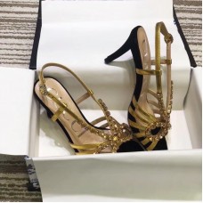 Gucci Heel 8.5cm Cut-out Bow with Crystals Sandals Velvet Black/Gold 2019