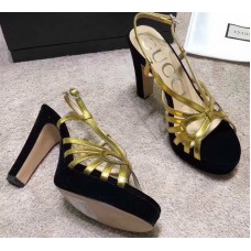 Gucci Heel 10.5cm Platform 2.5cm Cut-out Bow Leather Sandals 549646 Velvet Black/Gold 2019