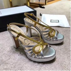 Gucci Heel 10.5cm Platform 2.5cm Cut-out Bow Leather Sandals 549646 Silver/Gold 2019