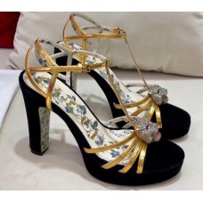 Gucci Heel 10.5cm Platform 2.5cm Feline Head Sandals Velvet Black/Gold 2019