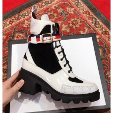 Gucci GG Leather Ankle Boots with Sylvie Web 55mm Heel White 2018