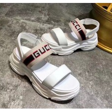 Gucci Heel 6cm Logo Stripe Strap Sandals White 2018