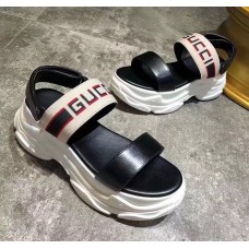 Gucci Heel 6cm Logo Stripe Strap Sandals Black 2018