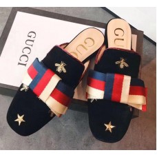 Gucci Velvet Embroidered Slipper With Sylvie Bow 496561 Black 2018