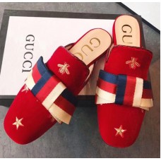 Gucci Velvet Embroidered Slipper With Sylvie Bow 496561 Red 2018