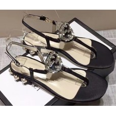 Gucci Crystal GG Glass Pearl On Heel Thong Sandals Black 2017