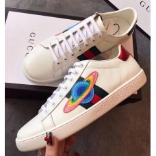 Gucci Ace Leather Low-Top Lovers Sneakers Comet Embroidered Creamy 2018