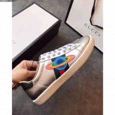 Gucci Ace Leather Low-Top Lovers Sneakers Comet Embroidered Sliver 2018