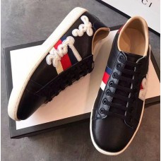 Gucci Ace Leather Low-Top Lovers Sneakers For Love Embroidered Black 2018