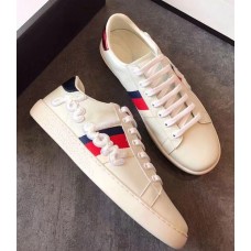 Gucci Ace Leather Low-Top Lovers Sneakers For Love Embroidered Creamy 2018