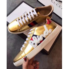 Gucci Ace Leather Low-Top Lovers Sneakers For Love Embroidered Gold 2018