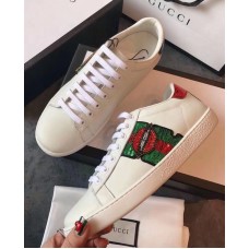 Gucci Ace Leather Low-Top Lovers Sneakers Mouth Beading Creamy 2018