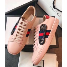 Gucci Ace Leather Low-Top Lovers Sneakers Web Crystal Embroidered Safety Pin Pink 2018