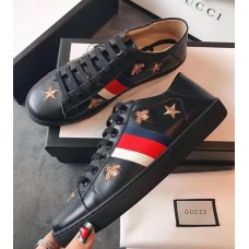 Gucci Ace Leather Low-Top Lovers Sneakers Web Embroidered Bees and Stars Black 2018